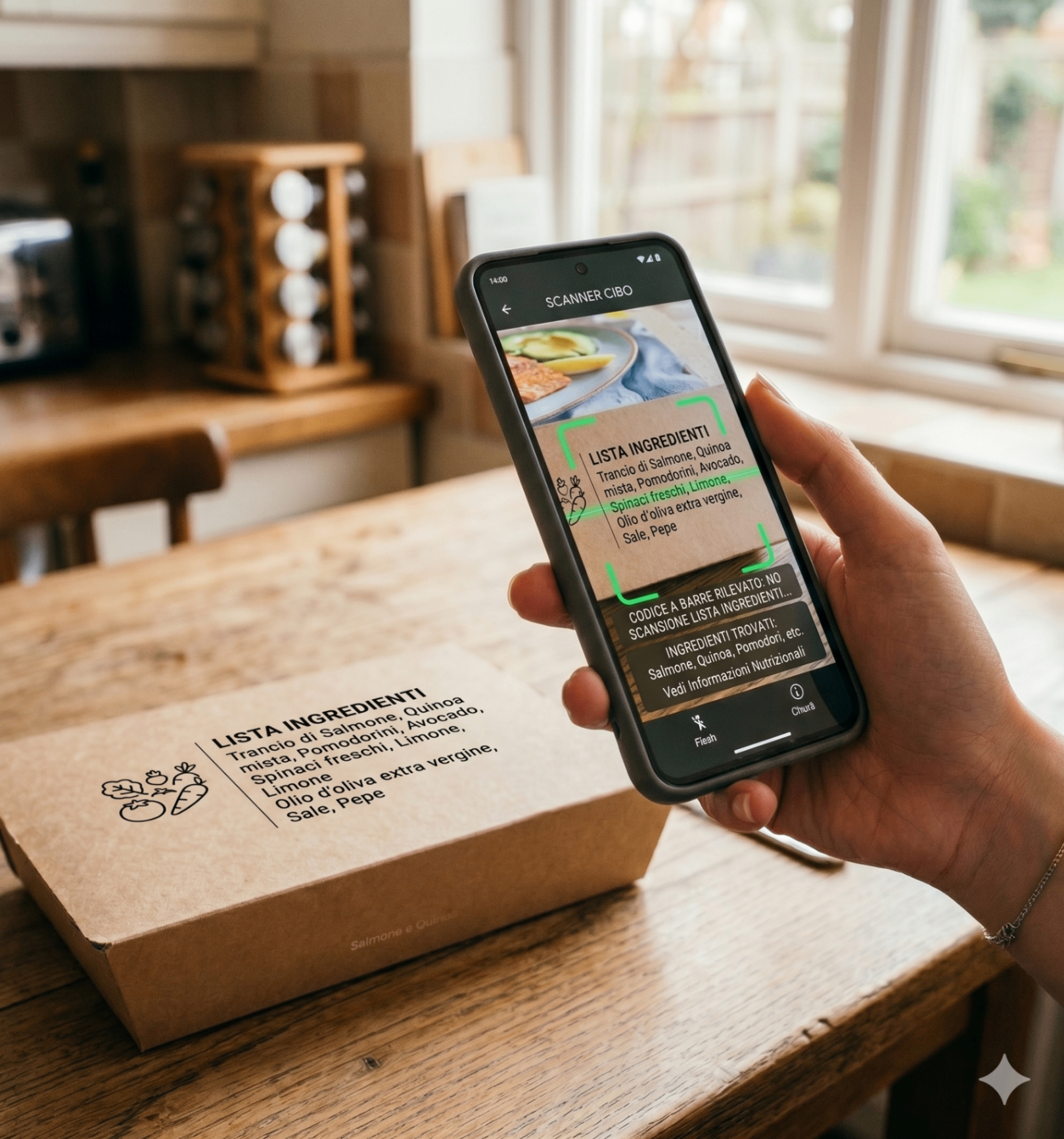 Mano che scansiona la lista ingredienti di una confezione con SafeBite