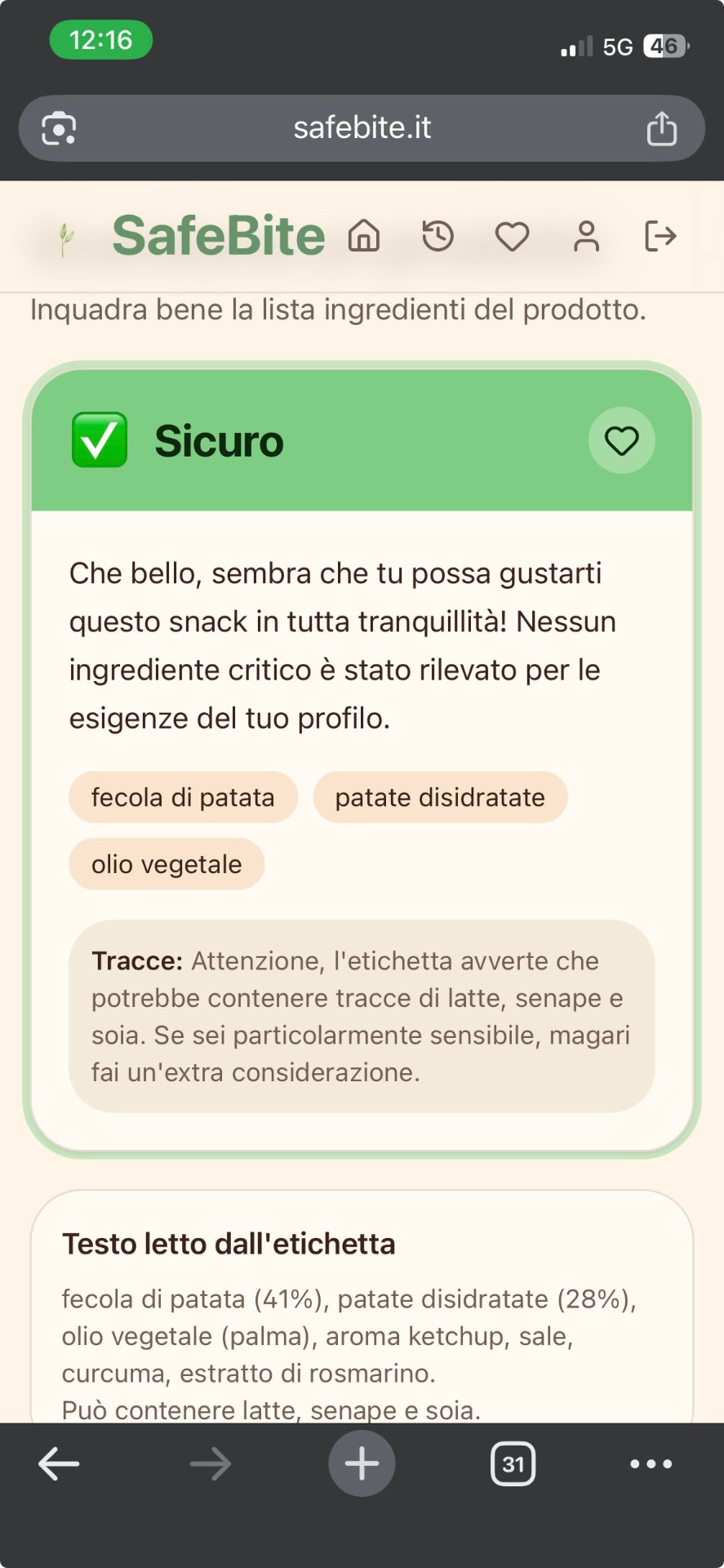 Schermata SafeBite con verdetto Sicuro sull'etichetta di un prodotto